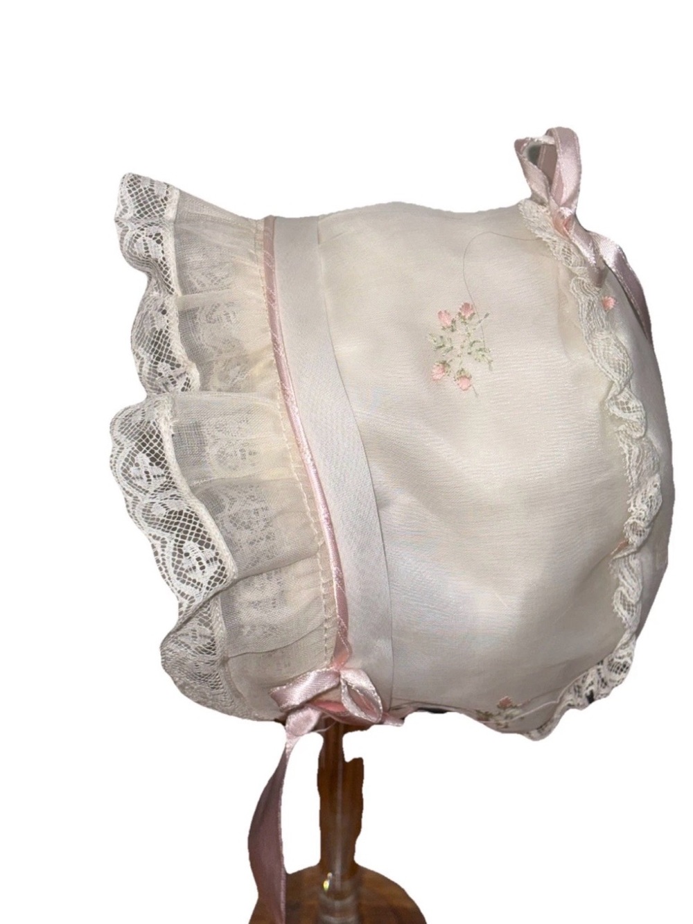 Vintage MCM 1952 Salkin & Linoff Sheer Ivory with Embroidery Baby Bonnet